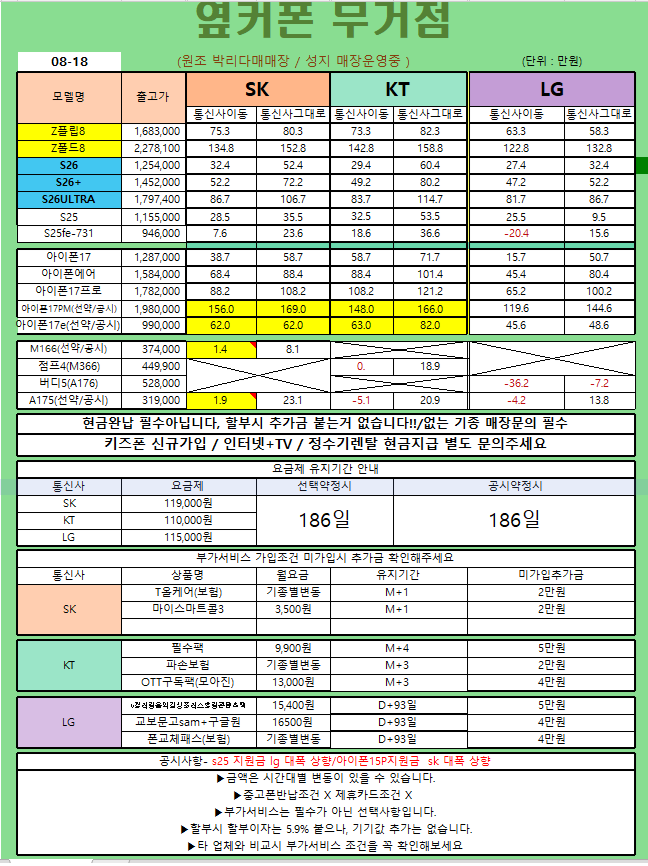 시세표-8월 18일 [[옆커폰 울산무거점 ]]