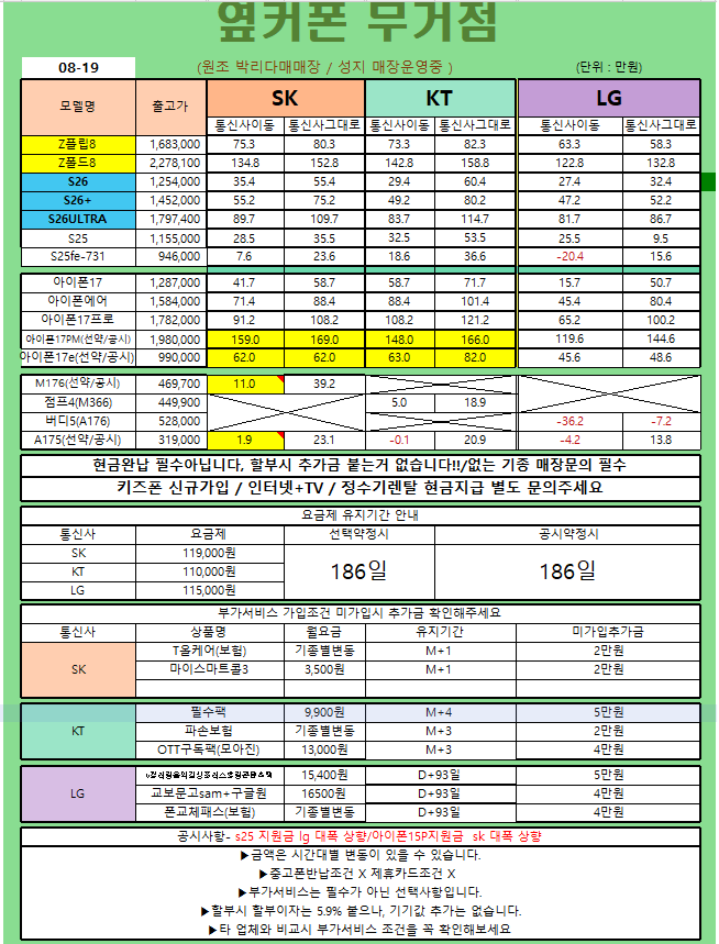 시세표-8월 19일 [[옆커폰 울산무거점 ]]