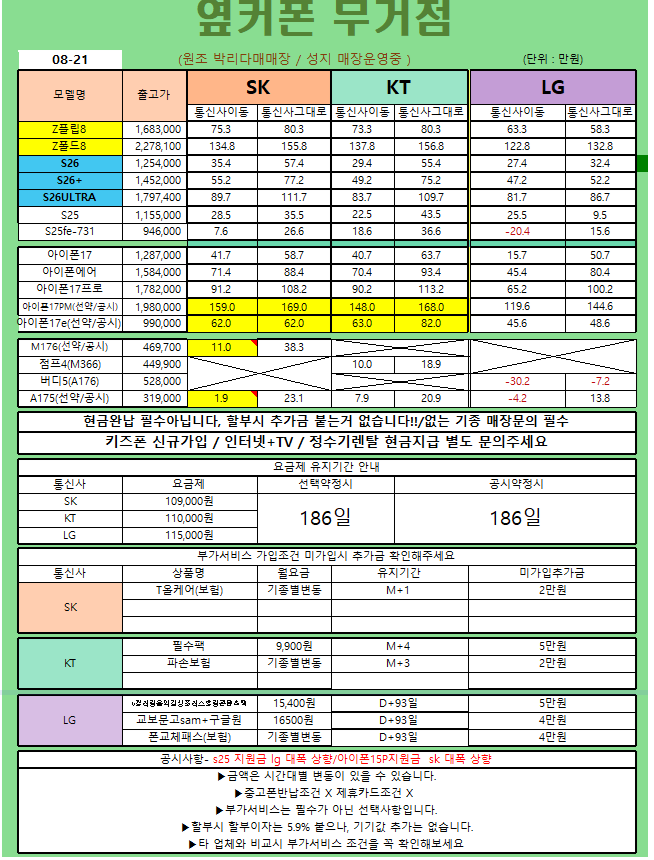 시세표-8월 21일 [[옆커폰 울산무거점 ]]